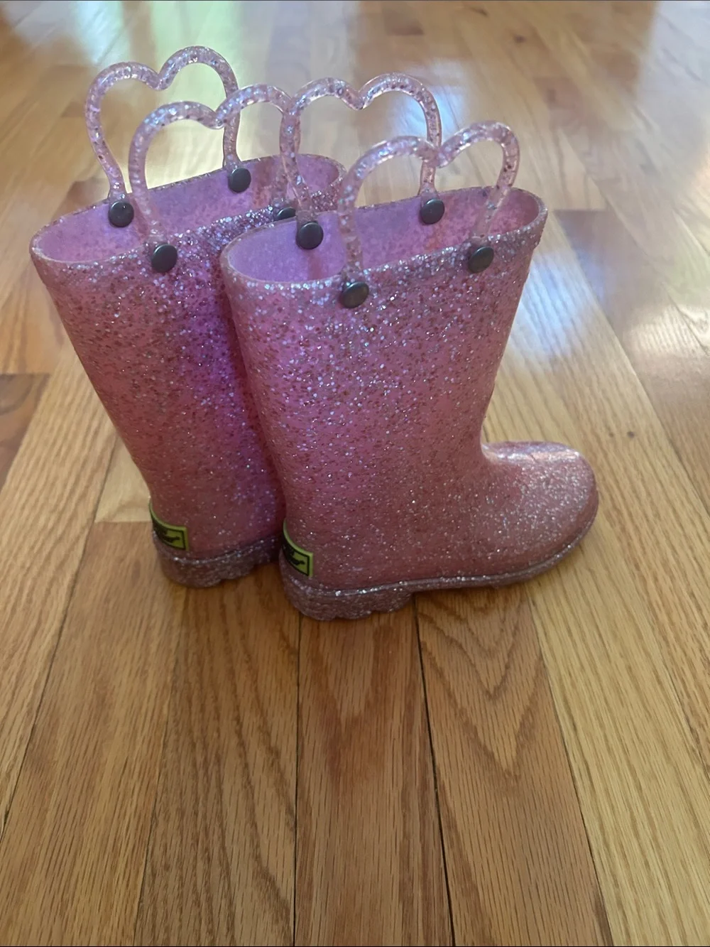 Western Chief Sparkly Pink Glitter Kids Rain Boots with Heart Handles Sz 9